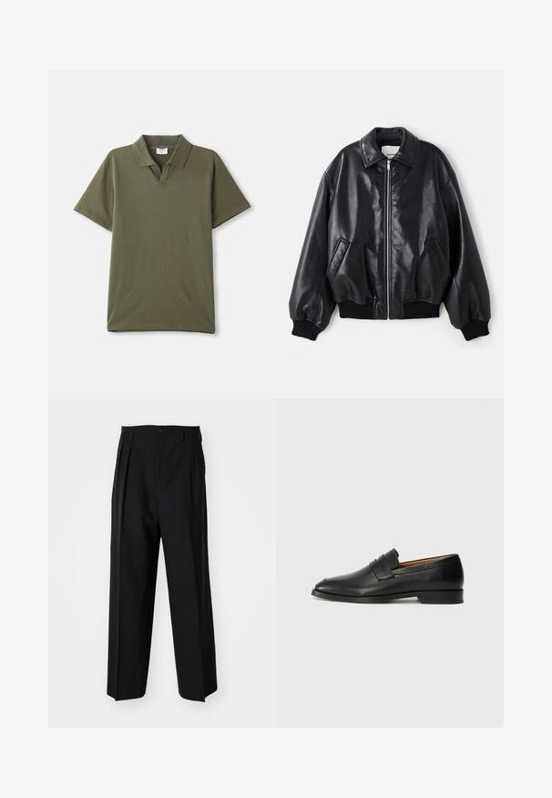Fekete bőr bombázódzseki, amely cipzárral záródik elöl, nagy gallérral, oldalsó zsebekkel és bordázott mandzsettákkal és aljjal rendelkezik. Sima, fénylő textúrájú.; Olivazöld póló, sima pamutból készült. Klasszikus gallérral és rövid ujjakkal rendelkezik. Minimalista design, minta vagy díszítés nélkül.; Fekete, pliszírozott nadrág, egyenes, széles lábakkal. Sima anyagból készült, gombos záródással és övhurkokkal rendelkezik.; Fekete bőr mokaszin, kerek orral, diszkrét varrásokkal és alacsony sarokkal, sima felülettel és minimalista dizájnnal.
