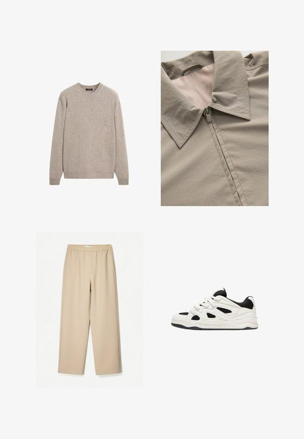 Světle šedá bunda s špicatým límcem, zipovým zapínáním a hladkou texturou. Jasně viditelné švy a podšívka v světlejší barvě.; Beige pletený svetr s kulatým výstřihem, dlouhými rukávy, žebrovanými manžetami a lemem, s jemnou texturou a lehkým materiálem.; Beige kalhoty širokého střihu s elastickým pasem, vyrobené z měkké tkaniny, s hladkým povrchem a minimálním počtem švů.; Bílé a černé sportovní boty s texturovanou podrážkou, s výřezovými vzory na bocích a tkaničkami, a měkkým zadním dílem pro podporu.
