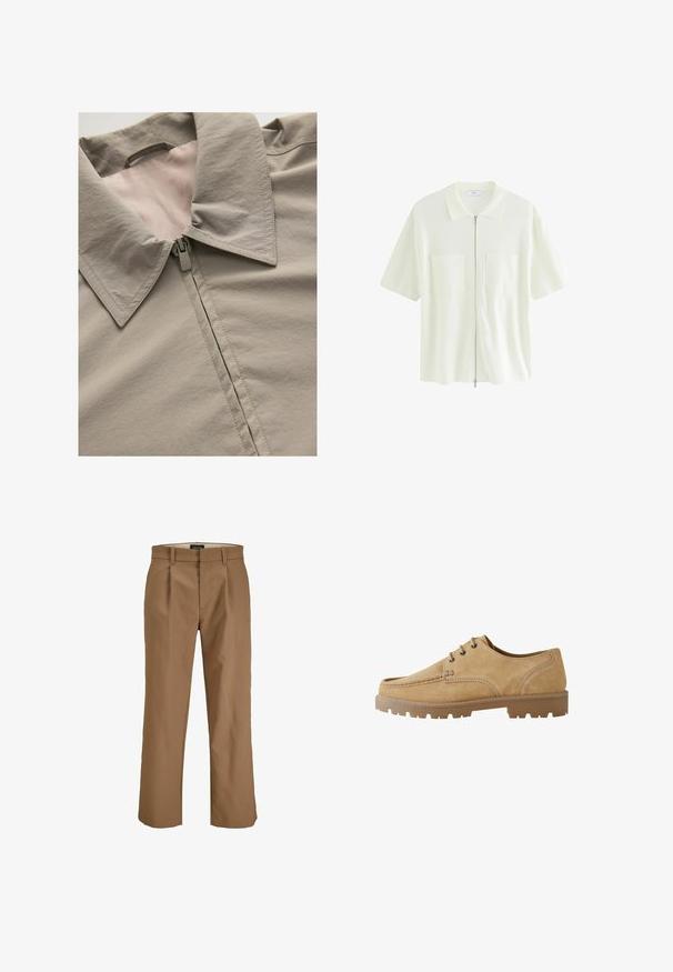 Veste grise clair avec un col pointu, fermeture éclair et texture lisse. Détails de couture clairement visibles et doublure dans une teinte plus claire.; Chemise à manches courtes, blanche, à fermeture éclair, en tissu texturé, dotée d'un col et de deux poches avant avec rabats carrés.; Pantalon marron en tissu lisse, avec une coupe droite, des plis à l'avant et des passants de ceinture. Pas de motifs ni d'accents visibles.; Chaussure en daim beige à lacets avec un bout arrondi, des coutures contrastées et une semelle en caoutchouc épaisse présentant un motif à crampons pour une meilleure adhérence.