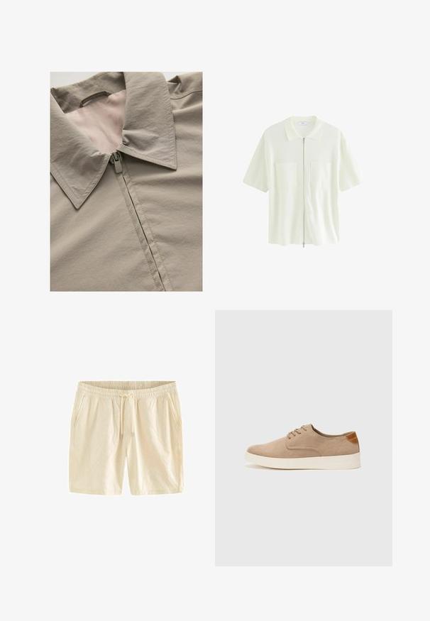 Ljusgrå jacka med spetshals, dragkedja och slät yta. Tydligt synliga sömdetaljer och foder i en ljusare nyans.; Kortärmad, vit zip-up skjorta i texturerad tyg, med krage och två framfickor med fyrkantiga lock.; Ljusbeiga shorts med resårmidja, dragsko och subtila bladmönster präglade på tyget. Inkluderar sidofickor.; Beige mockasinsneakers med rund tå, snörning fram och texturerad bakaxel. Vit gummisula ger kontrast. Enkelt och modernt design.