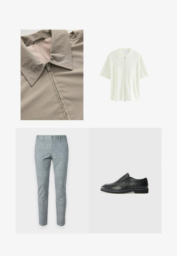 Jachetă gri deschis cu guler ascuțit, închidere cu fermoar și textură netedă. Detalii de cusătură vizibile clar și un căptușel într-o nuanță mai deschisă.; Cămașă albă cu mânecă scurtă și fermoar, realizată dintr-un material texturat, având un guler și două buzunare frontale cu clapete pătrate.; Pantaloni gri cu carouri, cu o croială ajustată, închidere cu nasture și o textură de material neted cu un model în grilă.; Pantof de piele neagră, tip slip-on, cu un superior neted, accente cusute, vârf rotunjit și un toc jos din cauciuc. Talpa are un profil minim de aderență.