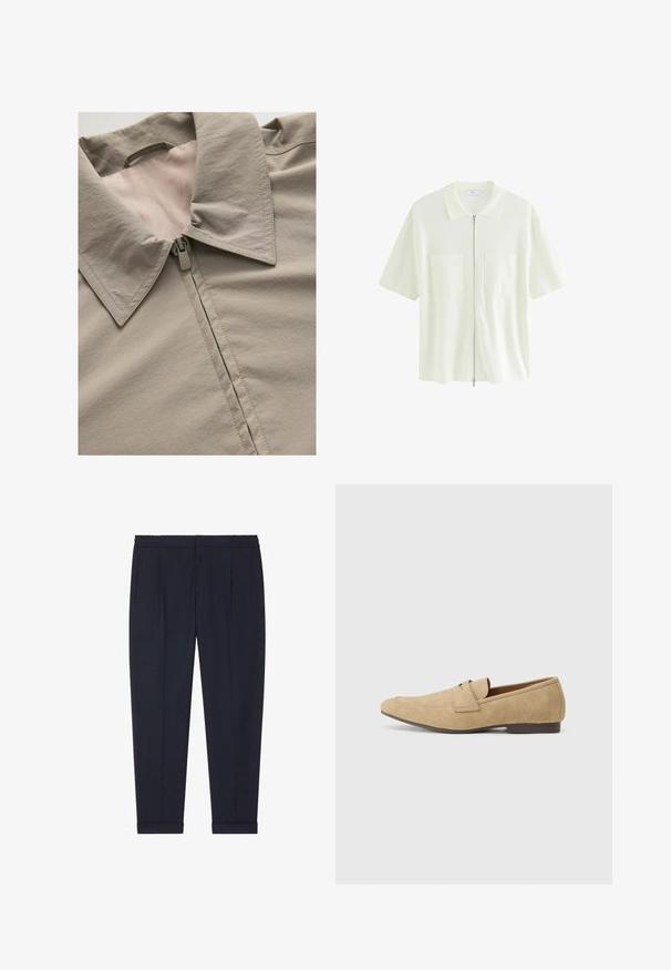 Világosszürke dzseki, hegyes gallérral, cipzárral és sima textúrával. Jól látható varrási részletek és világosabb árnyalatú bélés.; Rövid ujjú, fehér cipzáras ing, amely texturált anyagból készült, galléros nyakkal és két első zsebével, négyzet alakú fedéllel.; Tengerészeti nadrág sima anyagból, testreszabott fazonnal, két elülső zsebbel és bokánál húzott szegésekkel.; Beige velúr lofu, enyhe fényes felülettel, lekerekített orral, slip-on kialakítással és alacsony barna sarkakkal. Diszkrét varrási részletek.