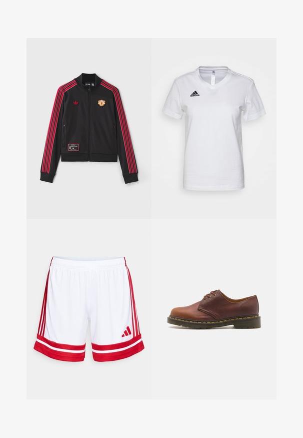 Schwarze Zip-Jacke mit roten Streifen an den Ärmeln, gesticktes Logo auf der Brust und ein Aufnäher am unteren linken Teil. Weicher Stoff.; Weißes Baumwoll-T-Shirt mit V-Ausschnitt, kurzen Ärmeln und schwarzem Adidas-Logo auf der linken Brustseite. Glatte Textur, klassische Passform.; Weiße Sportshorts mit roten Seitenstreifen und Besatz. Sie haben einen elastischen Bund und das Adidas-Logo in Rot auf der unteren linken Seite.; Braunes Leder-Schuh mit glatter Oberfläche, runder Zehenform und fünf Ösen-Schnürung. Verfügt über gelbe Nähte entlang der Sohle und eine strukturierte Ferse.