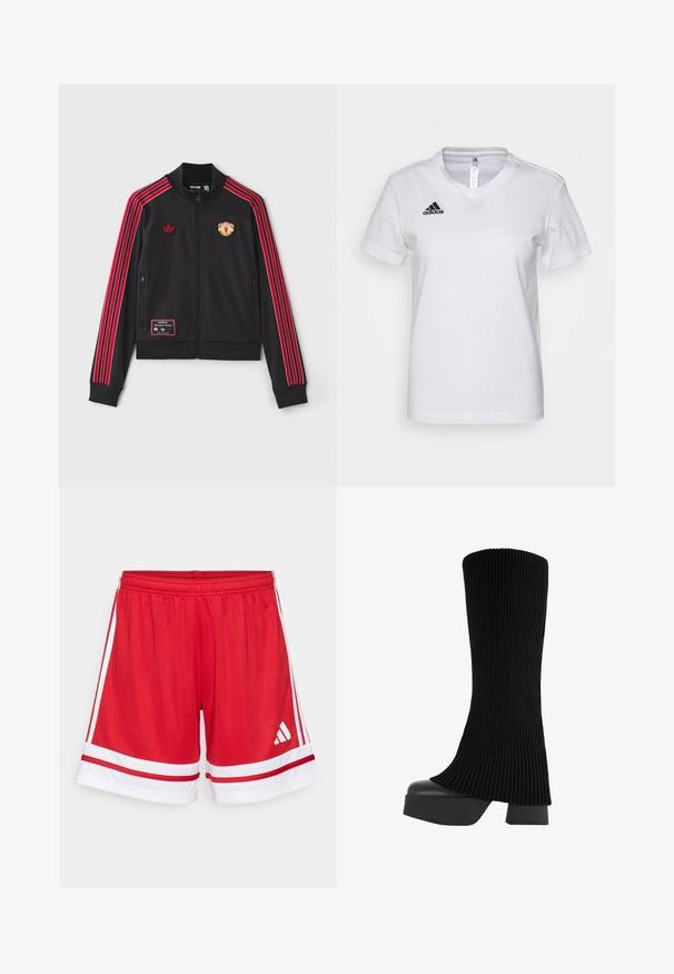 Black zip-up jacket with red stripes running down the sleeves, embroidered logo on the chest, and a patch on the lower left. Soft fabric.; White cotton t-shirt with a V-neck design, short sleeves, and a black Adidas logo on the left chest area. Smooth texture, classic fit.; Red sports shorts with an elastic waistband, white side stripes, and white accents at the hem. Features the Adidas logo in white.; Black knee-high boot with a ribbed fabric upper, chunky platform sole, and block heel, featuring a smooth texture and sleek, modern design.