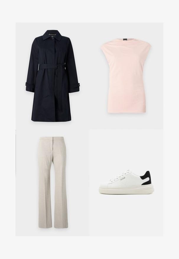 Klasisks tumši zils mētelis, izgatavots no gluda auduma, ar jostu viduklī, ieplakām kabatām un klasisku apkakli ar pogu akcentiem.; Gaiši rozā bezpiedurkņu tops ar apaļu kaklu, smalku drapējumu un diviem sānu šuvju akcentiem. Izgatavots no mīkstas, gludas auduma ar plūstošu siluetu.; Bēgē flared bikses ar teksturētu audumu, kurām ir plakans priekšpuses dizains, platai kājām un bez redzama stiprinājuma.; Baltas ādas sporta apavi ar biezu balto zoli, melna zamša uzpura un izspiestais logotips sānos. Šņorējuma dizains ar sešiem acu caurumiem.