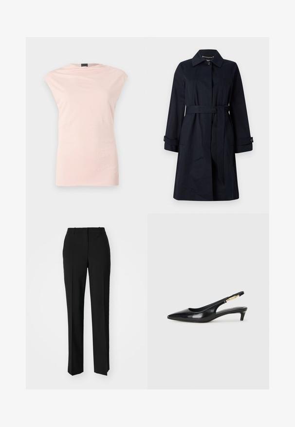 Trench coat azul marino de tejido suave, con cintura ceñida por un cinturón, bolsillos con solapa y un cuello clásico con detalles de botones.; Top sin mangas de color rosa claro con cuello redondo, con sutil drapeado y dos acentos en las costuras laterales. Hecho de una tela suave y lisa con una silueta estilizada.; Pantalones negros ajustados con un diseño de pierna recta, que presentan una textura suave y pliegues nítidos en el frente. Sin herrajes visibles.; Tacones negros de piel sintética tipo slingback con punta afilada, que cuentan con un tacón delgado y un detalle en tono dorado en la correa ajustable. Textura suave.