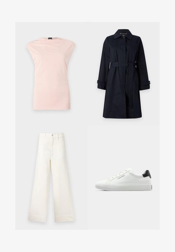 Klasisks tumši zils mētelis, izgatavots no gluda auduma, ar jostu viduklī, ieplakām kabatām un klasisku apkakli ar pogu akcentiem.; Gaiši rozā bezpiedurkņu tops ar apaļu kaklu, smalku drapējumu un diviem sānu šuvju akcentiem. Izgatavots no mīkstas, gludas auduma ar plūstošu siluetu.; Platākas kāju bikses gaiši pelēkā kokvilnā. Iespējams augsts jostasvieta, priekšējās kabatas un taisna griezuma. Tīrs apakšmalas apdare bez rakstiem.; Baltas sporta apavi ar gludu virsmu, melnu papēža akcentu un šauriem sašuvumiem. Sānos ir "Calvin Klein" zīmols. Minimālistisks stils.