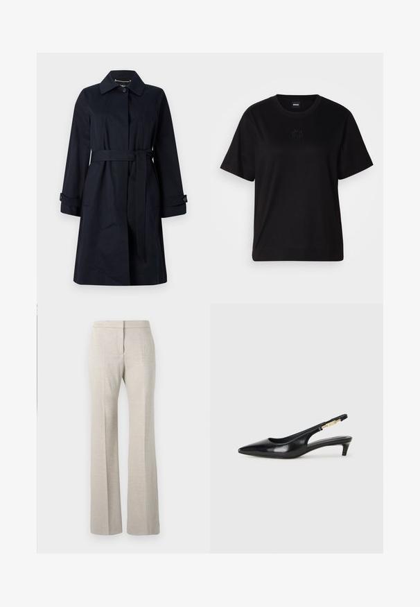 Trench coat azul marinho feito de tecido suave, com cintura cintada, bolsos com aba e colarinho clássico com detalhes em botão.; T-shirt de algodão preto com decote redondo, mangas curtas e um logótipo bordado no peito. Corte simples e descontraído, sem padrões.; Calças beje de cintura alta com um tecido texturizado, apresentam uma parte da frente lisa, pernas largas e sem fechos visíveis.; Saltos slingback em couro preto com bico fino, apresentando um salto esguio e um detalhe em tom dourado na alça ajustável. Textura suave.