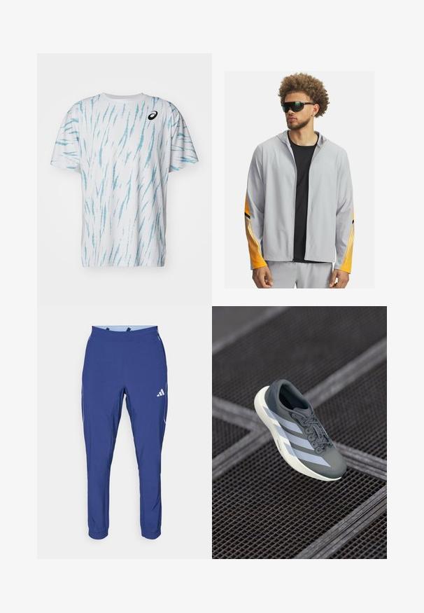 Chaqueta de cremallera gris claro con capucha, con acentos a rayas en naranja y negro en las mangas. Llevada sobre una camiseta negra, combinada con gafas de sol oscuras.; ASICS GAME - Camiseta estampada - brilliant white; adidas Performance TECH APP - Pantalones deportivos - dark blue/glow blue; Zapatilla deportiva en gris y blanco, hecha de material sintético, con un diseño aerodinámico, acabado texturizado y un sistema de cordones prominente.