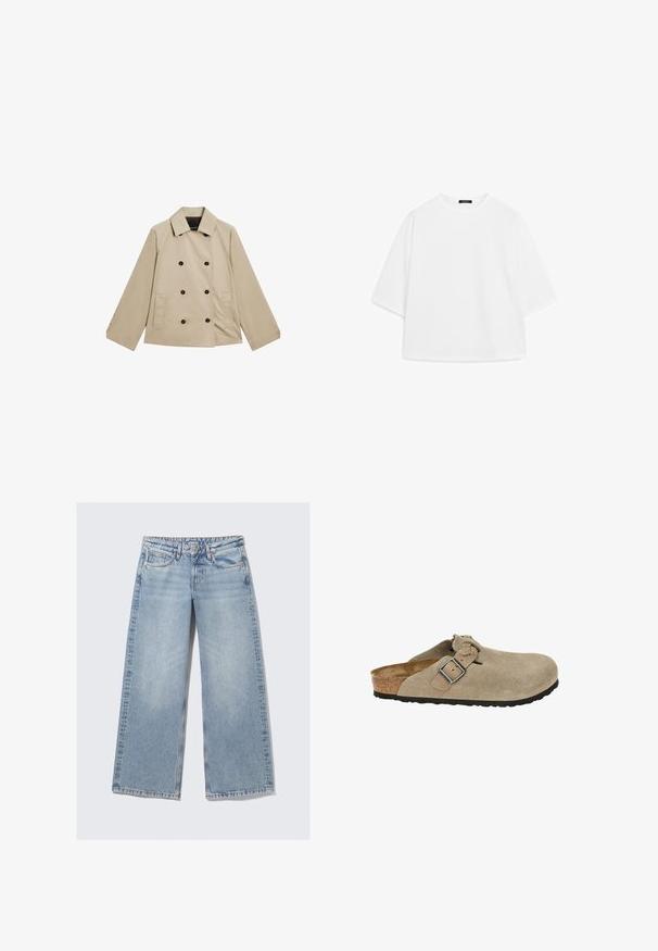 Beżowa, podwójnie zapinana kurtka z bawełny. Posiada duże czarne guziki, klasyczny kołnierz oraz boczne kieszenie w luźnym kroju.; Biała, oversize'owa koszulka z miękkiej bawełny. Posiada krótki rękaw, okrągły dekolt oraz luźny krój bez widocznych wzorów czy akcentów.; Jasnoniebieskie dżinsy typu wide-leg z subtelnym wyblaknięciem. Posiadają pięć kieszeni, zapięcie na guzik oraz kontrastowe szwy.; Beżowe zamszowe klapki z okrągłym noskiem, regulowanym paskiem i klamrą, korkową podeszwą środkową oraz teksturowaną czarną gumową podeszwą dla lepszej przyczepności.