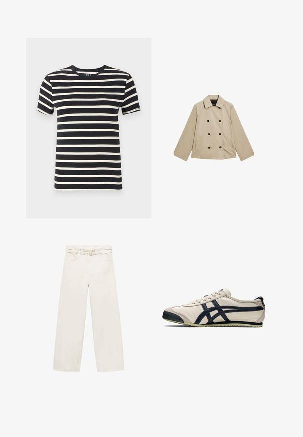Beige dobbeltradet jakke lavet af bomuld. Har store sorte knapper, en klassisk krave og sidelommer med en afslappet pasform.; Marineblå t-shirt med horisontale cremefarvede striber, rund halsudskæring, korte ærmer og blødt bommateriale. Kanterne er fint afsluttede.; Bredde ben, cremefarvede bukser lavet af bomuld. Har en bæltevenlig talje, lynlåsgylp og to forlommer. Glat tekstur, minimal syning.; Lys beige lædersko med marineblå detaljer, lav profil, rund tå og grøn gummisål. Har snørebånd og struktureret tåhætte.