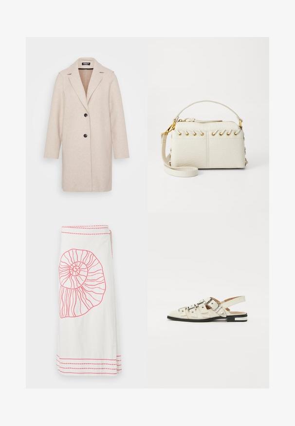 Svetlo bež volneni plašč z izrezanim ovratnikom, dolgimi rokavi, dvema stranskima žepoma in dvema črnima gumboma spredaj. Gladka tekstura.; Bela bezrokavna body majica z visokim ovratnikom in tangastim izrezom. Gladka tekstura in prilegajoča silhueta, zasnovana za tesno prileganje.; Bela zavita krila z velikim roza vezenim nautilusovim školjko oblikovanjem in kontrastnimi roza vodoravnimi črtami na robu in pasu.; Sandal v slogu z odprtim peto v beli usnjeni obvali z več širokimi trakovi in srebrnimi zaponkami; ravni podplat z majhno črno peto in kovinskimi detajli.; Bela torbica iz umetnega usnja z zgornjim zadrgo, kratkim ročajem in odstranljivim naramnim trakom z zlatimi detajli. Stranske vezave.; Srebrna obročasta uhana s polirano površino, ki vključuje majhne zlate poudarke in okroglo obliko, nošena na ušesnem lobu.