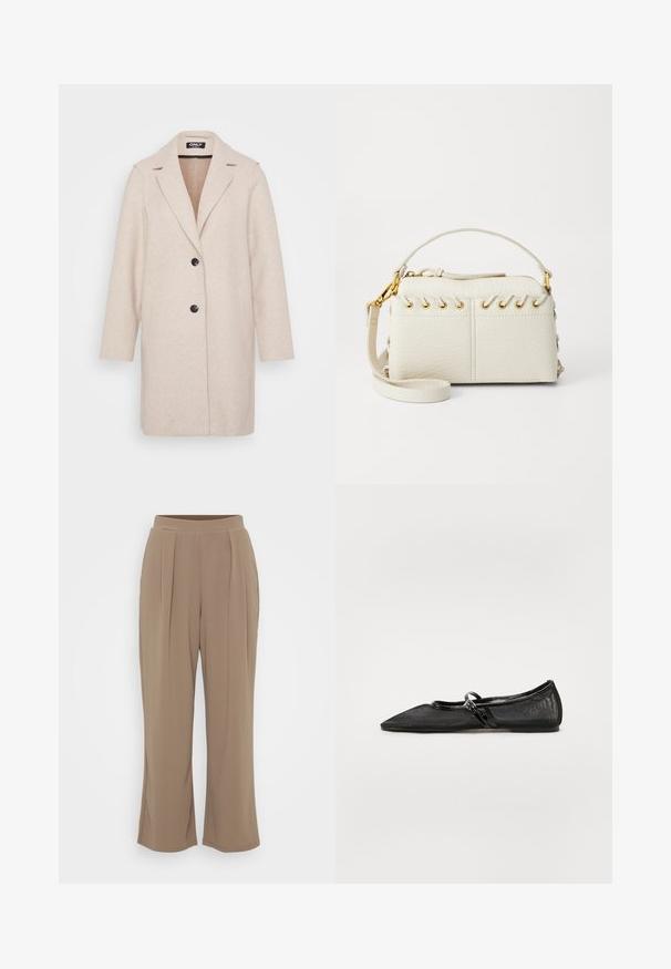 Light beige wool coat with a notched collar, long sleeves, two side pockets, and two black buttons down the front. Smooth texture.; White sleeveless bodysuit with a high neckline and a thong cut. Smooth texture and fitted silhouette designed for a form-fitting look.; Brown, wide-leg trousers made of soft fabric featuring front pleats and an elastic waistband for comfort. Clean, minimalist design.; Black flat shoe with pointed toe, mesh upper, and patent leather accents. Features a thin strap with a circular hardware detail.; White faux leather handbag featuring a top zipper, a short handle, and a removable crossbody strap with gold-tone hardware. Side lacing detail.; Silver hoop earring with a polished finish, featuring small gold accent details and a round shape, worn on the lobe.