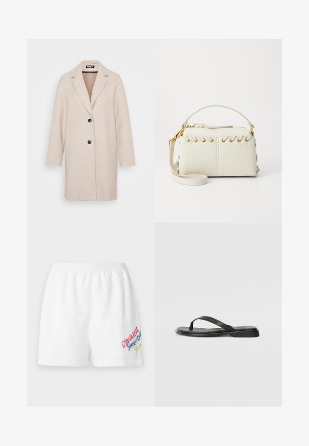 Manteau en laine beige clair avec un col cranté, des manches longues, deux poches latérales et deux boutons noirs sur le devant. Texture lisse.; Bodysuit blanc sans manches avec un col montant et une coupe string. Texture lisse et silhouette ajustée conçue pour un look près du corps.; Dsquared2 BAGGY - Short - white; Tongs noires en cuir lisse, avec un design de sangle fine et une semelle plate à profil minimal. Aucun motif ou accent notables.; Sac à main en simili cuir blanc avec une fermeture éclair sur le dessus, une courte poignée et une bandoulière amovible avec des détails en métal doré. Détail de laçage sur le côté.; Boucle d'oreille en argent avec une finition polie, présentant de petits détails en or et de forme ronde, portée sur le lobe.