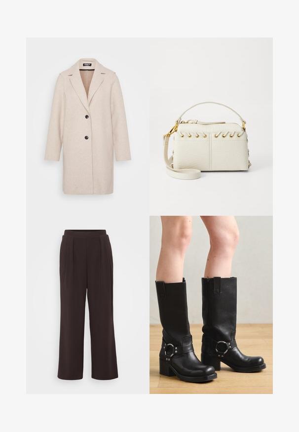 Light beige wool coat with a notched collar, long sleeves, two side pockets, and two black buttons down the front. Smooth texture.; Even&Odd Petite 2 PACK - Top - light grey/black; Dark brown wide-leg trousers with pleats, crafted from smooth fabric. Features a solid color and elastic waistband for comfort.; Jeffrey Campbell REFLECTION - Cowboy/Biker boots - black; White faux leather handbag featuring a top zipper, a short handle, and a removable crossbody strap with gold-tone hardware. Side lacing detail.; Silver hoop earring with a polished finish, featuring small gold accent details and a round shape, worn on the lobe.