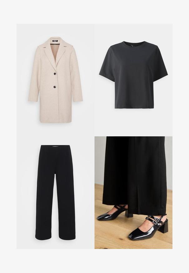 Světlý béžový vlněný kabát s klopovým límcem, dlouhými rukávy, dvěma bočními kapsami a dvěma černými knoflíky na přední straně. Hladký povrch.; Černé bavlněné tričko, krátké rukávy, kulatý výstřih, volný střih, hladká textura, jednoduchý design, bez vzorů nebo akcentů.; Černé kalhoty s širokými nohavicemi a elastickým pasem. Vyrobené z texturovaného materiálu, mají volný střih a rovný zakončení od boků až po lem.; Černé lakované slingback boty se čtvercovými špičkami, s dvojitými nastavitelnými pásky kolem kotníků a blokovými podpatky. Hladký, lesklý povrch.