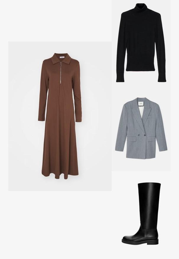 Grau, taillierter Blazer aus einem strukturierten Stoff. Verfügt über ein doppelt gängiges Design, geschlitzte Revers und zwei Vorder Taschen.; AERON TENDER LONG SLEEVED - Strickpullover - black; Braunes langärmliges Kleid mit einem strukturierten Kragen und einem Frontreißverschluss. Hergestellt aus einem glatten Stoff, bietet es einen lockeren Schnitt und einen fließenden Rock.; Schwarze Leder-Kniefallstiefel mit glatter Textur, abgerundetem Zeh, schlichter Gestaltung und niedrigem Blockabsatz. Keine sichtbare Hardware oder Muster.