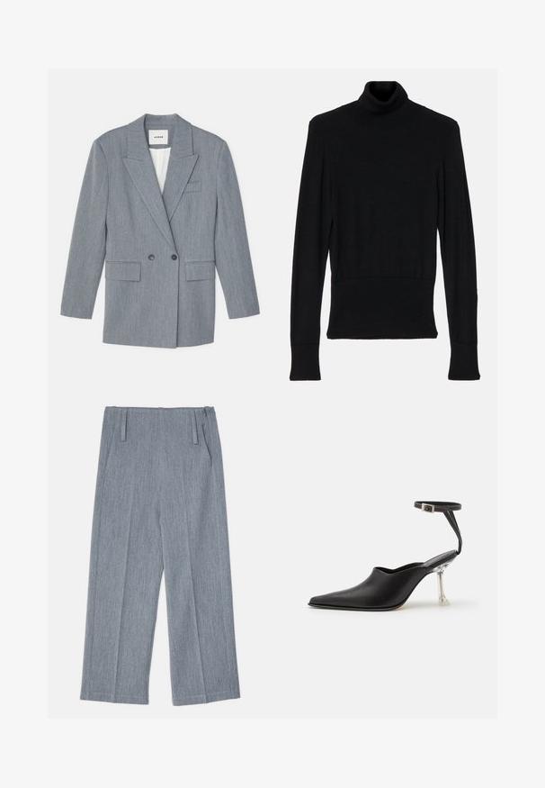 Pilkas, pritaikytas švarkas, pagamintas iš tekstūruoto audinio. Ypatybės: dvigubos eilės dizainas, įpjovos apykaklės ir dvi priekinės kišenės.; AERON TENDER LONG SLEEVED - Džemperis - black; Šviesiai pilkos, plačios kojų kelnės, pagamintos iš tekstūruoto audinio, su dviem priekinėmis klostėmis ir dviem šoninėmis kišenėmis. Tvarkingas, tikslais pritaikytas dizainas.; MIISTA JANESSA - Aukštakulniai - black