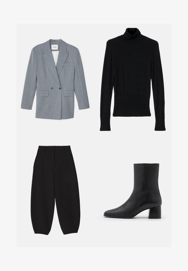 Szary, dopasowany blezer wykonany z teksturowanej tkaniny. Posiada podwójne zapięcie, klapy z wycięciem oraz dwie przednie kieszenie.; AERON - Sweter; Czarne spodnie szerokie wykonane z gładkiego materiału o dopasowanym kroju, z kieszeniami z przodu oraz płaskim pasem z szlufkami na pasek.; Czarne skórzane botki za kostkę z ostrym noskiem i masywnym kwadratowym obcasem. Gładka faktura z bezszwowym designem i minimalnym przeszyciem.
