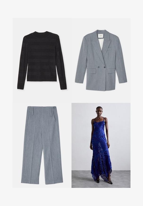 Grå, skræddersyet blazer lavet af et struktureret stof. Har et to-knaps design, udskårne revers og to frontlommer.; Sort langærmet sweater med en blød, struktureret overflade og vekslende matte og let skinnende vandrette striber. Høj krave.; Lys grå, vidde bukser lavet af struktureret stof, med to frontfolder og to sidelommer. Ren, skræddersyet design.; Blå og lilla dyreprint maxi kjole med tynde stropper, en tætsiddende bodice, flagrende kant og gennemsigtig overlay-detaljering.