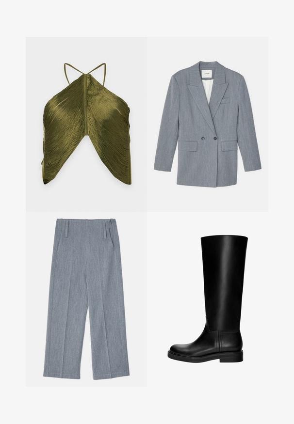 Szürke, szabott zakó, amely textúrált anyagból készült. Jellemzői a dupla soros gombolás, az álló hajtókák és két elülső zseb.; Olíva zöld felső, redőzött textúrával, vékony pántokkal és egyedi háromszög alakú kivágással. A hátulnézeti kép kiemeli a részletes szövetmintát.; Világosszürke, bőszárú nadrág, texturált anyagból készült, két elülső redővel és két oldalsó zsebbel. Letisztult, igényes dizájn.; Fekete bőrből készült, térd fölé érő csizma sima textúrával, lekerekített orral, visszafogott dizájnnal és alacsony, blokkal. Nincs látható fémalkatrész vagy minta.