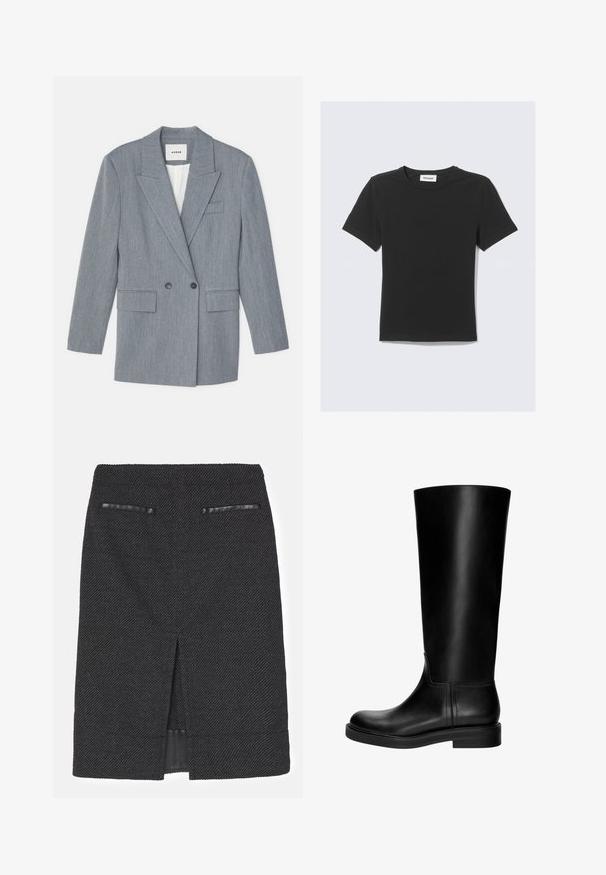 Szürke, szabott zakó, amely textúrált anyagból készült. Jellemzői a dupla soros gombolás, az álló hajtókák és két elülső zseb.; Fekete, rövid ujjú póló puha pamutból, kerek nyakkivágással és normál szabással, látható minták vagy díszítések nélkül.; Fekete ceruzaszoknya texturált szövettel, két hamis zsebbel és hátsó sliccel a mozgékonyság érdekében. Simább belső bélés.; Fekete bőrből készült, térd fölé érő csizma sima textúrával, lekerekített orral, visszafogott dizájnnal és alacsony, blokkal. Nincs látható fémalkatrész vagy minta.