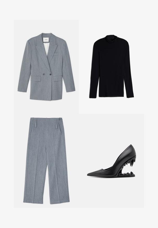 Blazer grigio su misura realizzato in un tessuto testurizzato. Presenta un design doppiopetto, rever a punta e due tasche frontali.; Maglietta nera a maniche lunghe con collo a cascata, realizzata in un tessuto morbido e liscio; design aderente con orlo dritto e senza cuciture visibili.; Pantaloni larghi grigio chiaro realizzati in tessuto testurizzato, con due pieghe frontali e due tasche laterali. Design pulito e sartoriale.; GCDS MORSO - Decolleté - nero