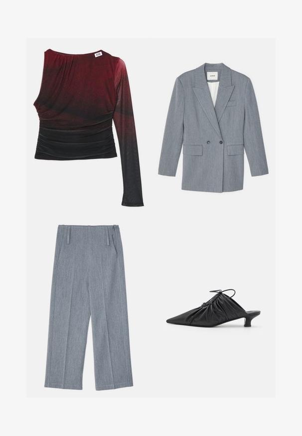 Grå, skræddersyet blazer lavet af et struktureret stof. Har et to-knaps design, udskårne revers og to frontlommer.; Rød og sort langærmet bluse med en tætsiddende silhuet, rynkede detaljer og en rund udskæring. Glat stof med en ombre-effekt.; Lys grå, vidde bukser lavet af struktureret stof, med to frontfolder og to sidelommer. Ren, skræddersyet design.; Sorte læder slip-on mules med spids tå, samlet tekstur og en lille kitten heel. Har en snor-detalje ved åbningen.