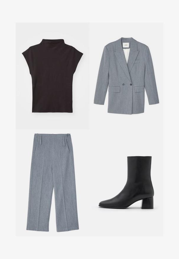Szürke, szabott zakó, amely textúrált anyagból készült. Jellemzői a dupla soros gombolás, az álló hajtókák és két elülső zseb.; Fekete, rövid ujjú, garbós felső rugalmas anyagból, laza szabással és sima textúrával, látható minták vagy díszítések nélkül.; Világosszürke, bőszárú nadrág, texturált anyagból készült, két elülső redővel és két oldalsó zsebbel. Letisztult, igényes dizájn.; Fekete bőr bokacsizma hegyes orral és vastag, négyzet alakú sarokkal. Simább felület, mondanivaló nélküli dizájn és minimalista varrás.