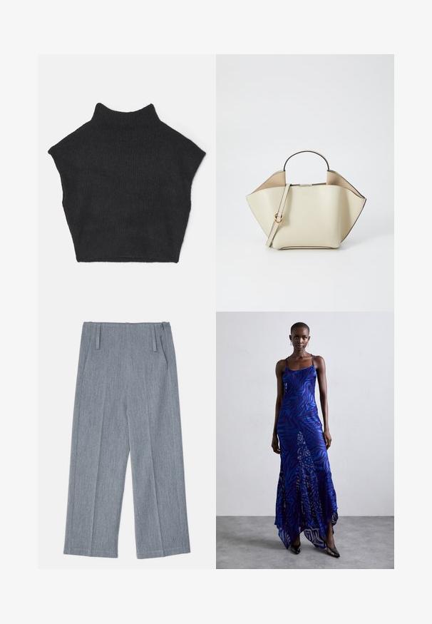 Grau, taillierter Blazer aus einem strukturierten Stoff. Verfügt über ein doppelt gängiges Design, geschlitzte Revers und zwei Vorder Taschen.; Schwarzer, gerippter, ärmelloser Rollkragenpullover mit hohem Kragen. Er hat ein kurzes Design und eine weiche Textur.; Hellgraue, weit geschnittene Hosen aus strukturiertem Stoff, mit zwei vorderen Falten und zwei Seitentaschen. Sauberes, maßgeschneidertes Design.; Maxikleid im blauen und lila Tiermuster mit dünnen Trägern, einem taillierten Oberteil, ausgestelltem Saum und transparenten Überlagerungen.; Ree Projects ANN - Handtasche - beige
