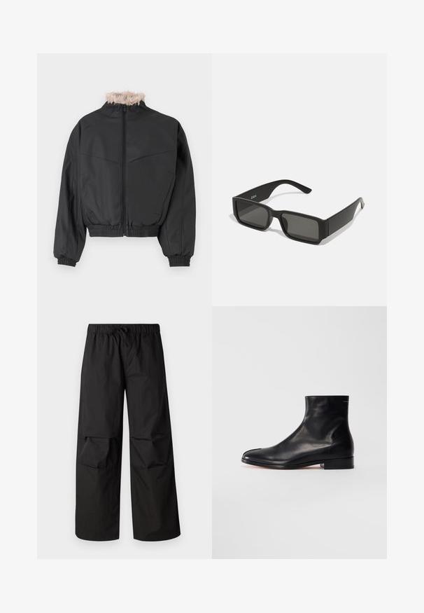 Melnā bomberjakā ar rāvējslēdzēju un vieglu mākslīgo ādas apkakli. Tam ir elastīgi aproces un apakšmala, gluda tekstūra un strukturēts dizains.; Seši baltie kokvilnas T-krekli ar īsām piedurknēm un apaļām kakla izgriezumiem, sakārtoti rindā, ar gludu tekstūru un bez acīmredzamām rakstu izdrukām.; Melni platā kāju bikses, kas izgatavotas no viegla auduma, ar elastīgu jostu un auklu, kā arī ceļu paneļa detaļām.; Melnas gludas ādas potītes zābaki ar zemu papēdi un apaļu pirkstu, redzami no sāniem uz balta fona.; Melnas saulesbrilles ar taisnstūra lēcām, matēta plastmasas rāmja un taisnām malām. Uz iekšējās rokas ir zīmola logo.
