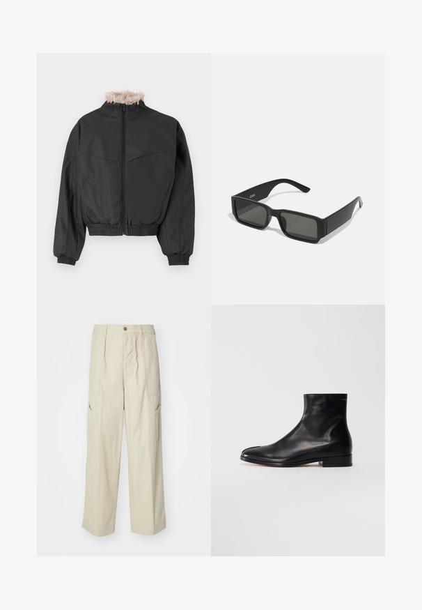 Czarna kurtka bomber z zapięciem na zamek i lekkim futrzanym kołnierzem. Posiada elastyczne mankiety i dół, gładką teksturę oraz dopasowany krój.; Sześć białych bawełnianych T-shirtów z krótkimi rękawami i okrągłymi dekoltami ułożonych w rzędzie, charakteryzujących się gładką fakturą i brakiem widocznych wzorów.; Beżowe spodnie cargo o luźnym kroju, z dwoma przednimi kieszeniami i lekko teksturowanym materiałem. Posiadają zapięcie na guzik i szerokie nogawki.; Czarne gładkie skórzane botki za kostkę z niskim obcasem i okrągłym noskiem, pokazane z boku na białym tle.; Czarne okulary przeciwsłoneczne z prostokątnymi soczewkami, matowa plastikowa oprawka i proste krawędzie. Posiadają logo marki na wewnętrznej stronie ramienia.