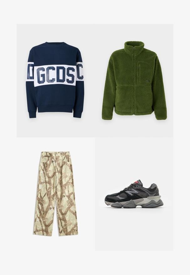 Zelena flis jakna z dolgim zipom in visokim ovratnikom, z žepom na zadrgo na prsih, dolgimi rokavi in mehkim teksturiranim materialom.; GCDS BAND LOGO CREWNECK - Športni pulover - deep blue/white; Hlače iz lahkega blaga v svetlo zeleni barvi, z vzorcem rjavih drevesnih vej, širokega kroja in z dvema sprednjima žepoma.; Črne in sivo športne copate z mešanico semiša in mrežastih materialov, debele podplate, izrazit logotip in rdeč poudarek na ježku.