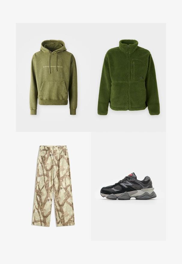 Zelena flis jakna z dolgim zipom in visokim ovratnikom, z žepom na zadrgo na prsih, dolgimi rokavi in mehkim teksturiranim materialom.; Olivno zelena dukserica iz mehkega materiala, z kenguru žepom, kapuco na vrvico in vezenim logotipom "ALPHA INDUSTRIES" v beli barvi.; Hlače iz lahkega blaga v svetlo zeleni barvi, z vzorcem rjavih drevesnih vej, širokega kroja in z dvema sprednjima žepoma.; Črne in sivo športne copate z mešanico semiša in mrežastih materialov, debele podplate, izrazit logotip in rdeč poudarek na ježku.