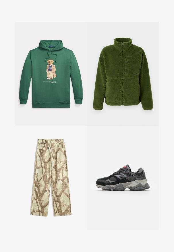 Zelena flis jakna z dolgim zipom in visokim ovratnikom, z žepom na zadrgo na prsih, dolgimi rokavi in mehkim teksturiranim materialom.; Zeleni pulover s kapuco, s centralno grafiko oblečenega medveda. Mešanica bombaža, z ribanimi manšetami in detajli na robu.; Hlače iz lahkega blaga v svetlo zeleni barvi, z vzorcem rjavih drevesnih vej, širokega kroja in z dvema sprednjima žepoma.; Črne in sivo športne copate z mešanico semiša in mrežastih materialov, debele podplate, izrazit logotip in rdeč poudarek na ježku.