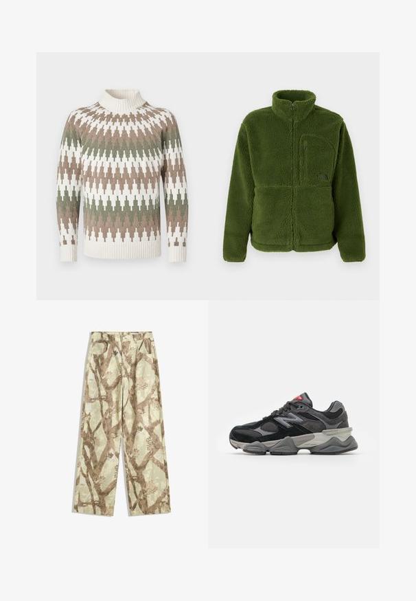 Grüne Fleecejacke mit durchgehendem Reißverschluss, hohem Kragen, Reißverschlusstasche auf der Brust, langen Ärmeln und weichem, strukturiertem Stoff.; Strickpullover mit einem beigen, weißen und grünen Zickzackmuster. Verfügt über einen gerippten Rollkragen und Bündchen, hergestellt aus einem strukturierten Garn.; Hosen aus leichtem Stoff in einem hellgrünen Farbton, mit einem Muster von braunen Zweigen, weit geschnitten und mit zwei vorderen Taschen.; Schwarzer und grauer Sneaker mit einer Kombination aus Wildleder und Mesh-Materialien, dicker Sohle, ausgeprägtem Logo und roten Akzenten an der Zunge.