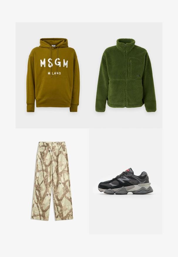Grüne Fleecejacke mit durchgehendem Reißverschluss, hohem Kragen, Reißverschlusstasche auf der Brust, langen Ärmeln und weichem, strukturiertem Stoff.; Olivgrüner Hoodie mit weißem "MSGM MILANO"-Text auf der Vorderseite, ausgestattet mit einer vorderen Kängurutasche und Kapuze mit Kordelzug.; Hosen aus leichtem Stoff in einem hellgrünen Farbton, mit einem Muster von braunen Zweigen, weit geschnitten und mit zwei vorderen Taschen.; Schwarzer und grauer Sneaker mit einer Kombination aus Wildleder und Mesh-Materialien, dicker Sohle, ausgeprägtem Logo und roten Akzenten an der Zunge.