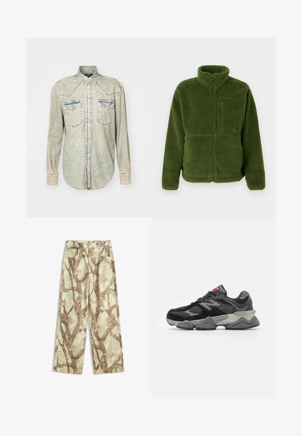 Zelena flis jakna z dolgim zipom in visokim ovratnikom, z žepom na zadrgo na prsih, dolgimi rokavi in mehkim teksturiranim materialom.; Svetla denim srajca z dolgimi rokavi, z ostrim ovratnikom, dvema žepoma na prsih in kontrastnim šivanjem vzdolž šivov in robov.; Dolga majica v umirjeni zeleni barvi z teksturiranim vzorcem, okroglim ovratnikom in raglan rokavi, izdelana iz mehkega, lahkega blaga.; Hlače iz lahkega blaga v svetlo zeleni barvi, z vzorcem rjavih drevesnih vej, širokega kroja in z dvema sprednjima žepoma.; Črne in sivo športne copate z mešanico semiša in mrežastih materialov, debele podplate, izrazit logotip in rdeč poudarek na ježku.