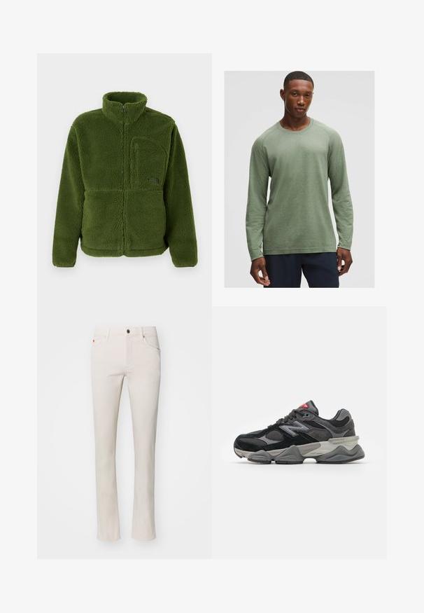 Vihreä täyspitkä vetoketjullinen fleece-takki, jossa on korkea kaulus, vetoketjullinen rintapocket, pitkät hihat ja pehmeä teksturoitu kangas.; Pitkähihainen paita hillityn vihreänä, jossa on teksturoitu kuosi, pyöreä pääntie ja raglan-hihat, valmistettu pehmeästä ja kevyestä kankaasta.; Beige suorat lahkeet farkut, valmistettu puuvillasekoitekankaasta. Sisältää perinteisen viiden taskun muotoilun ja metallinappikiinnityksen vyötäröllä.; Mustat ja harmaat lenkkarit, joissa on yhdistelmä mokkaa ja verkkomateriaaleja, paksu pohja, hallitseva logo ja punaisia yksityiskohtia kielekkeessä.