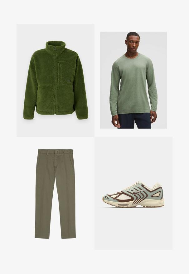 Grüne Fleecejacke mit durchgehendem Reißverschluss, hohem Kragen, Reißverschlusstasche auf der Brust, langen Ärmeln und weichem, strukturiertem Stoff.; Langärmliges Shirt in gedämpftem Grün mit strukturiertem Muster, rundem Ausschnitt und Raglanärmeln, aus weichem, leichtem Stoff gefertigt.; NN.07 THEO - Chino - capers; Hellblaue und braune Sneaker mit einem strukturierten Mesh-Obermaterial, geschichtetem Design, reflektierenden Akzenten und einer gepolsterten cremefarbenen Zwischensohle.