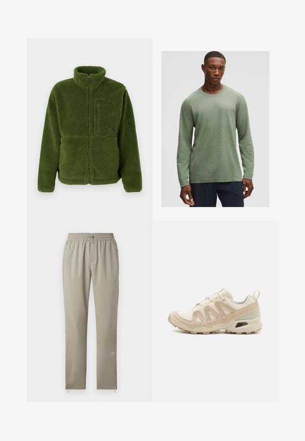 Roheline täieliku tõmblukuga fliiskindel jakk kõrge kraega, tõmblukuga rinnatasku, pikad varrukad ja pehme tekstuuriga kangas.; Pikkade varrukatega särk tuhmrohelises värvitoonis, tekstuuriga mustriga, ümmarguse kaeluse ja raglanvarrukatega, valmistatud pehmest ja kergest kangast.; Bežid spordipüksid, elastse vöökohaga, tõmblukkudega taskutega ja kitseneva jala disainiga. Omab diskreetset logo alamjalal.; Beež ja koobalti spordijalats tekstureeritud võrkkattega, toetavad ülemised kihid ja kummist tallaga, millel on mustriga joonistus haardeks.