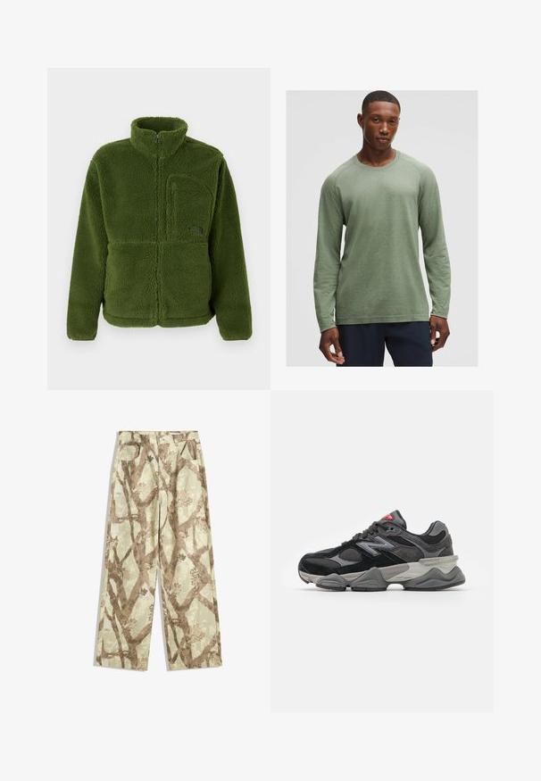 Grön fleecejacka med hel dragkedja och hög krage, dragkedjeförsedd bröstficka, långa ärmar och mjukt texturerat tyg.; Långärmad skjorta i dämpad grön med ett strukturerat mönster, rund halsringning och raglanärmar, tillverkad av mjukt, lättviktsmaterial.; Byxor i lätt tyg i en ljusgrön nyans, med ett mönster av bruna grenar, vid bendesign och två framfickor.; Svarta och grå sneakers med en kombination av mocka och mesh-material, tjock sula, framträdande logotyp och röd accent på tungan.