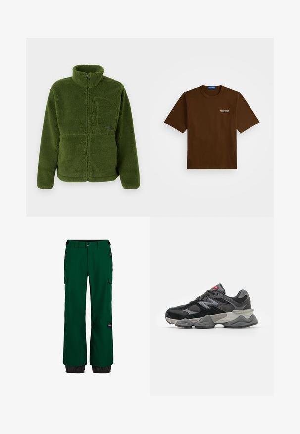 Zaļš pilna-zipsa flīša jaka ar augstu apkakli, ar rāvējslēdzēju krūšu kabatu, garām piedurknēm un mīkstu teksturētu audumu.; Brūns īsām piedurknēm T-krekls ar baltu "Polo Sport Ralph Lauren" logotipu uz kreisā krūškurvja un zilu etiķeti iekšpusē apkaklē.; Zaļi ūdensnecaurlaidīgi sniega bikses ar cargo kabatu, elastīgām aprocēm un kontrastējošu melnu apakšējo malu. Aprīkotas ar rāvējslēdzējiem un izturīgu audumu.; Melna un pelēka sporta apavi ar suede un sieta materiālu kombināciju, bieza zole, izteikts logs un sarkana akcents uz mēles.