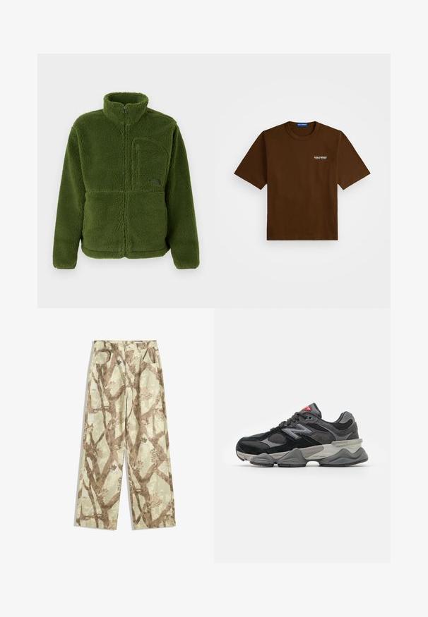 Zelená fleecová bunda s plným zipem, vysokým límcem, zipovou náprsní kapsou, dlouhými rukávy a měkkou texturovanou tkaninou.; Hnědé tričko s krátkým rukávem s bílým logem "Polo Sport Ralph Lauren" na levé hrudi a modrou etikettou uvnitř límce.; Kalhoty z lehkého materiálu v světlé zelené barvě, s hnědým vzorem větví, širokým střihem a dvěma předními kapsami.; Černé a šedé sneakersy se směsí semišových a síťovaných materiálů, silnou podrážkou, výrazným logem a červeným akcentem na jazyku.