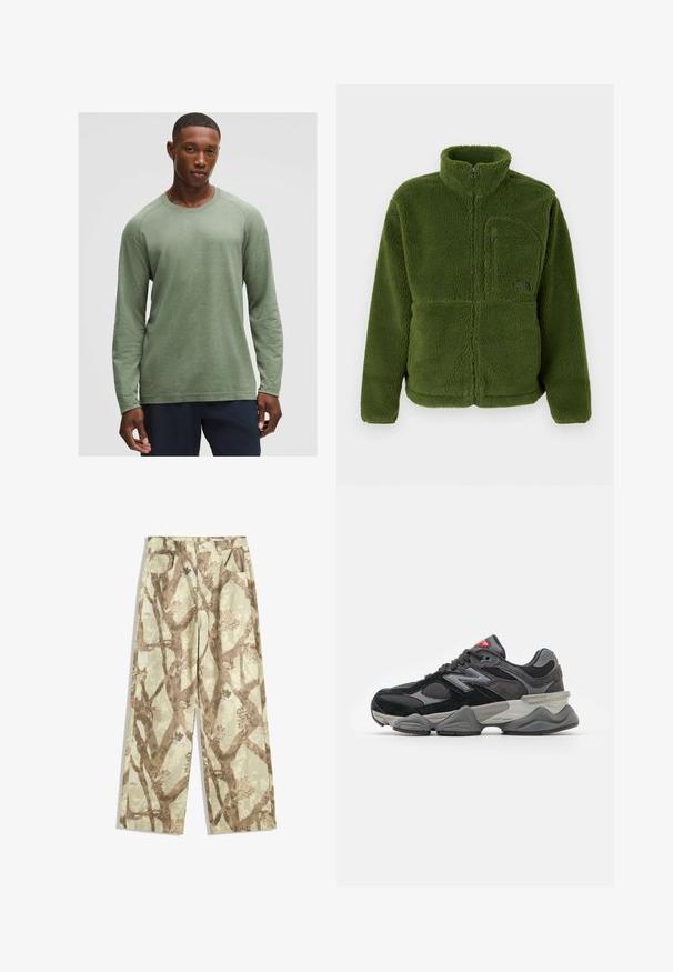 Zöld, teljes cipzáras bolyhos dzseki magas gallérral, cipzáras mellzsebbe, hosszú ujjakkal és puha textúrájú anyaggal.; Hosszú ujjú, tompa zöld ing, texturált mintával, kerek nyakkivágással és raglánujjakkal, puha, könnyű anyagból készült.; Könnyű anyagból készült, világos zöld árnyalatú nadrág, amely barna faág mintázattal, széles lábakkal és két elülső zsebbel rendelkezik.; Fekete és szürke sportcipő, amely velúr és hálós anyagok keverékéből készült, vastag talppal, hangsúlyos logóval és piros akcentussal a nyelvén.