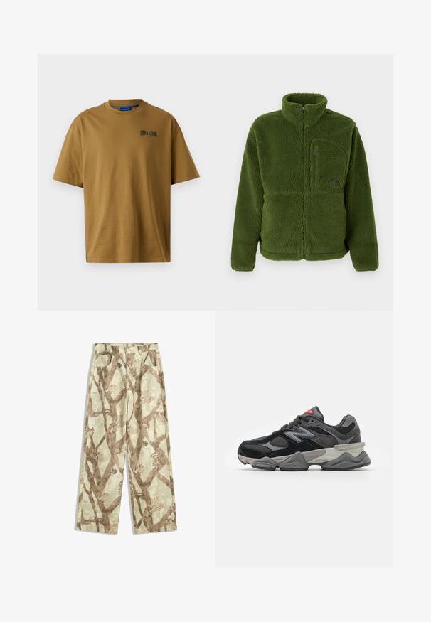 Zöld, teljes cipzáras bolyhos dzseki magas gallérral, cipzáras mellzsebbe, hosszú ujjakkal és puha textúrájú anyaggal.; Barna pamut póló, környakú kivágással, rövid ujjakkal, és egy kis fekete logóval a bal melle területen. Simogató textúra.; Könnyű anyagból készült, világos zöld árnyalatú nadrág, amely barna faág mintázattal, széles lábakkal és két elülső zsebbel rendelkezik.; Fekete és szürke sportcipő, amely velúr és hálós anyagok keverékéből készült, vastag talppal, hangsúlyos logóval és piros akcentussal a nyelvén.