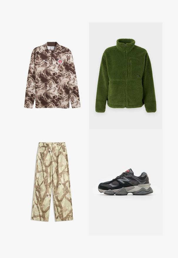 Grøn fuld-zip fleecejakke med høj krave, lynlåslomme på brystet, lange ærmer og blødt struktureret stof.; Brun og beige langærmet pullover med lynlåsekrave, struktureret camouflagemønster, hvid Puma-logo og FC St. Pauli-emblem på brystet.; Bukser lavet af letvægtsstof i en lys grøn nuance, prydet med et brunt grene mønster, bred ben design, og to frontlommer.; Sort og grå sneakers med en kombination af ruskind og mesh-materialer, tyk sål, fremtrædende logo og rød accent på tungen.
