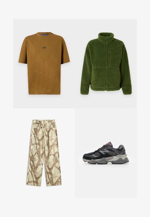 Vihreä täyspitkä vetoketjullinen fleece-takki, jossa on korkea kaulus, vetoketjullinen rintapocket, pitkät hihat ja pehmeä teksturoitu kangas.; Ruskea, lyhythihainen, pyöreäkauluksinen T-paita, joka on valmistettu puuvillasta. Edessä on pieni musta logotägi, jossa lukee "HUGO".; Housut kevyestä kankaasta vaaleanvihreässä sävyssä, joissa on ruskeita puun oksia kuvaava kuvio, leveät lahkeet ja kaksi etutaskua.; Mustat ja harmaat lenkkarit, joissa on yhdistelmä mokkaa ja verkkomateriaaleja, paksu pohja, hallitseva logo ja punaisia yksityiskohtia kielekkeessä.