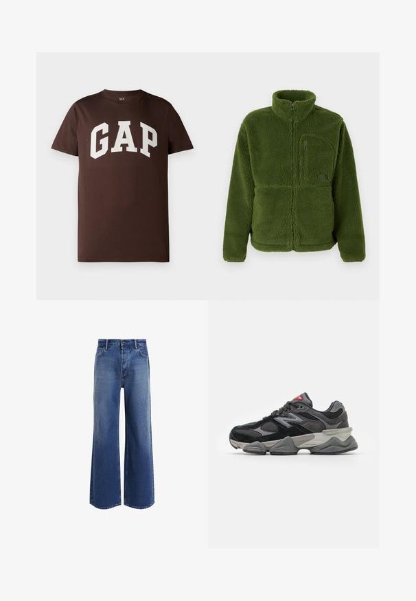Zielona polarowa kurtka na zamek błyskawiczny z wysokim kołnierzem, kieszenią na suwak na piersiach, długimi rękawami i miękkim, teksturowanym materiałem.; Brązowa bawełniana koszulka z krótkim rękawem z białym logo "GAP" w wyrazistej, akademickiej czcionce. Okrągły dekolt. Gładka tekstura.; Jeans z wysokim stanem i szerokimi nogawkami w średnim niebieskim deni, z klasycznym pięcioch kapowym wzorem, lekkim wyblaknięciem i postrzępionymi detalami u dołu.; Czarno-szare sneakersy z połączeniem materiałów zamszowych i siateczkowych, gruba podeszwa, wyraźne logo oraz czerwony akcent na języku.