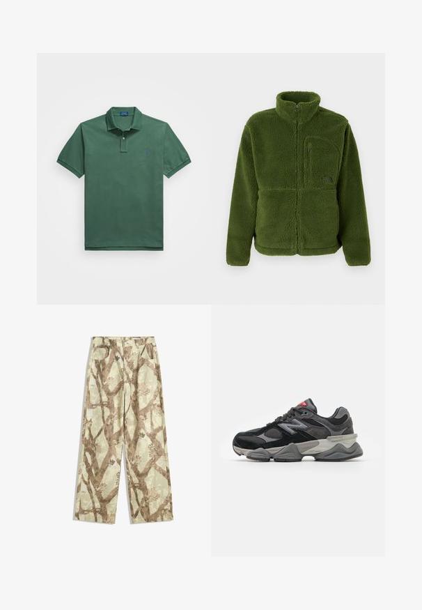 Grön fleecejacka med hel dragkedja och hög krage, dragkedjeförsedd bröstficka, långa ärmar och mjukt texturerat tyg.; Grön pikétröja med klassisk krage, korta ärmar och en liten blå logotyp på vänster bröst. Tillverkad av mjuk bomullstyg.; Byxor i lätt tyg i en ljusgrön nyans, med ett mönster av bruna grenar, vid bendesign och två framfickor.; Svarta och grå sneakers med en kombination av mocka och mesh-material, tjock sula, framträdande logotyp och röd accent på tungan.